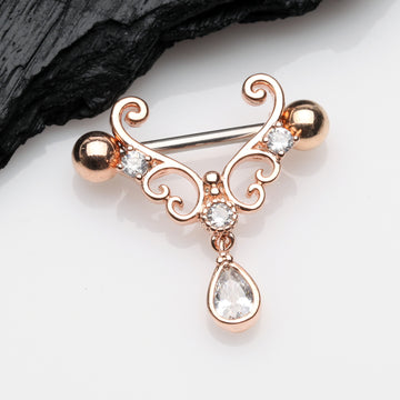 Detail View 1 of A Pair of Rose Gold Royal Heart Filigree Sparkle Dangle Nipple Shield-Clear Gem